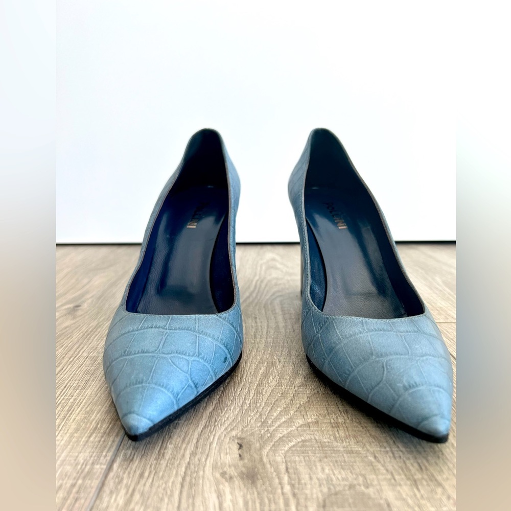 Studio Pollini Blue Croc-Embossed Block Heel Pumps Size EU41